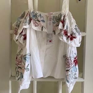 Parker Upton Square-Neck cold shoulder Embroidery Poplin Blouse